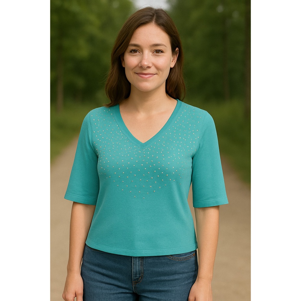 ✨ Quacker Factory Sparkle V-Neck Top – Size L –‎ Turquoise Jersey Knit ✨